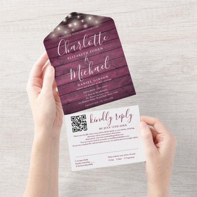 Rustic Red Wood String Lights QR Code Wedding  All In One Invitation (Tearaway)