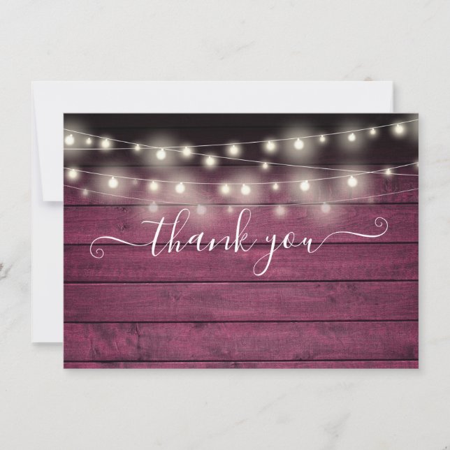 Rustic Red Wood String Lights Script Wedding Thank You Card (Front)