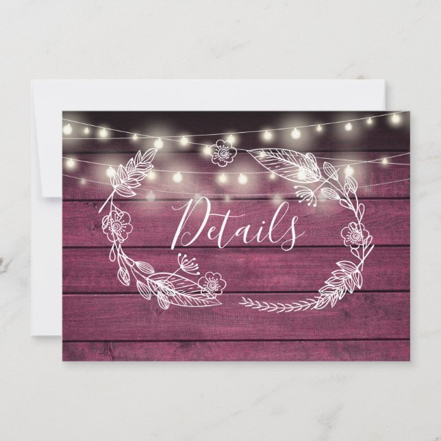 Rustic Red Wood String Lights Wedding Details Card (Front)