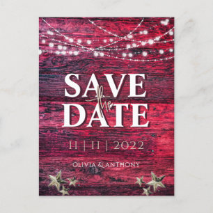 Rustic Red Wood String Lights Wedding Save The Dat Announcement Postcard
