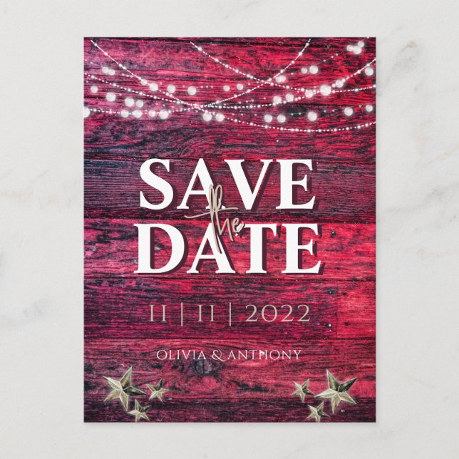 Rustic Red Wood String Lights Wedding Save The Dat Announcement Postcard (Front)