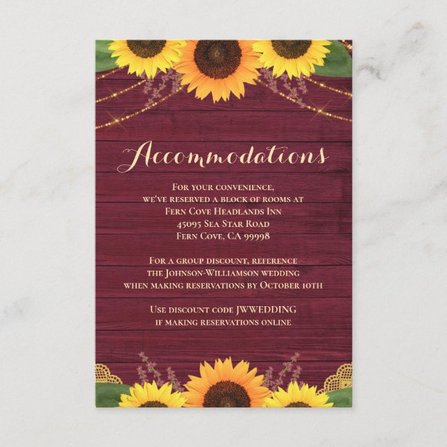 Rustic Red Wood Sunflower Wedding Accommodations Enclosure Card (Front)