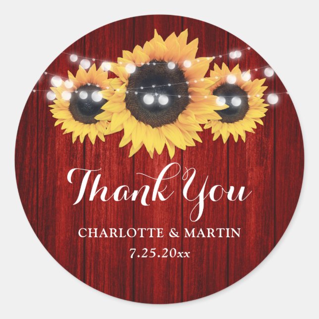 Rustic Red Wood Sunflower Wedding Favor Classic Round Sticker (Front)
