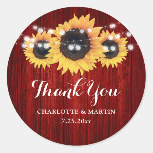 Rustic Red Wood Sunflower Wedding Favor Classic Round Sticker