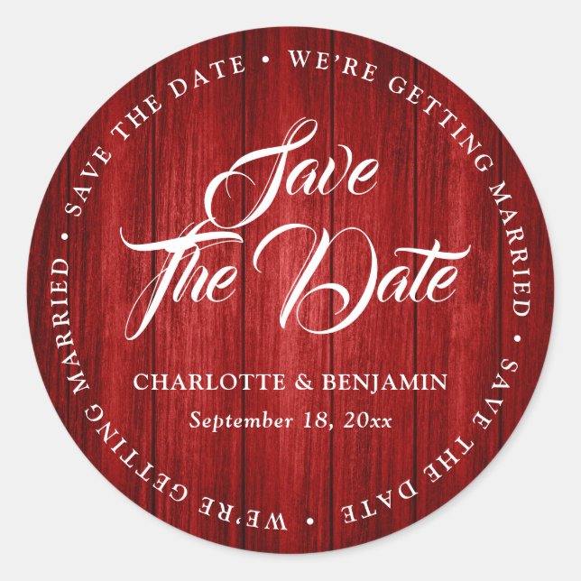 Rustic Red Wood Typography Wedding Save The Date Classic Round Sticker (Front)