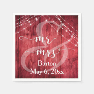 Rustic Red Wood, White Light Strings Mr & Mrs Napkin