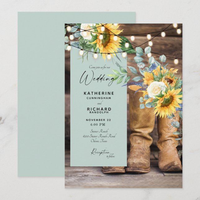 Rustic Redneck Boots Sunflower Wedding Invitation (Front/Back)