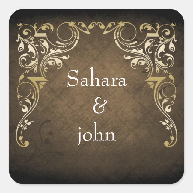 Rustic Regal Ornamental Brown And Gold Wedding Square Sticker (Front)