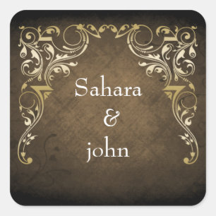 Rustic Regal Ornamental Brown And Gold Wedding Square Sticker