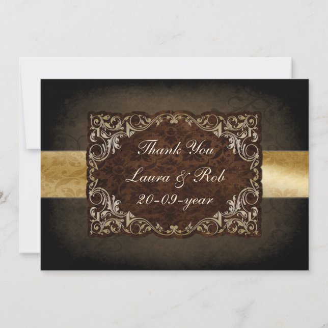 Rustic Regal Ornamental Brown And Gold Wedding Thank You Card (Front)