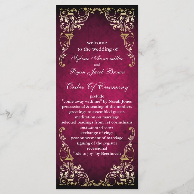 Rustic Regal Ornamental Fuchsia And Gold Wedding Programme (Front)