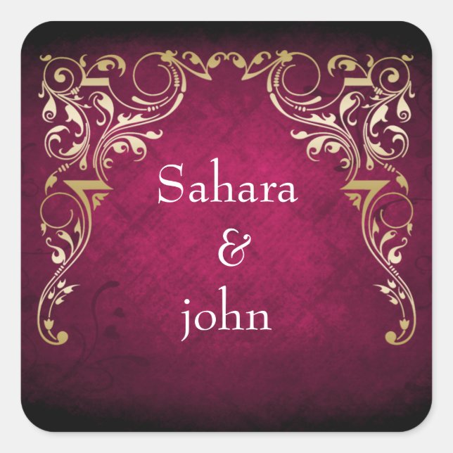 Rustic Regal Ornamental Fuchsia And Gold Wedding Square Sticker (Front)