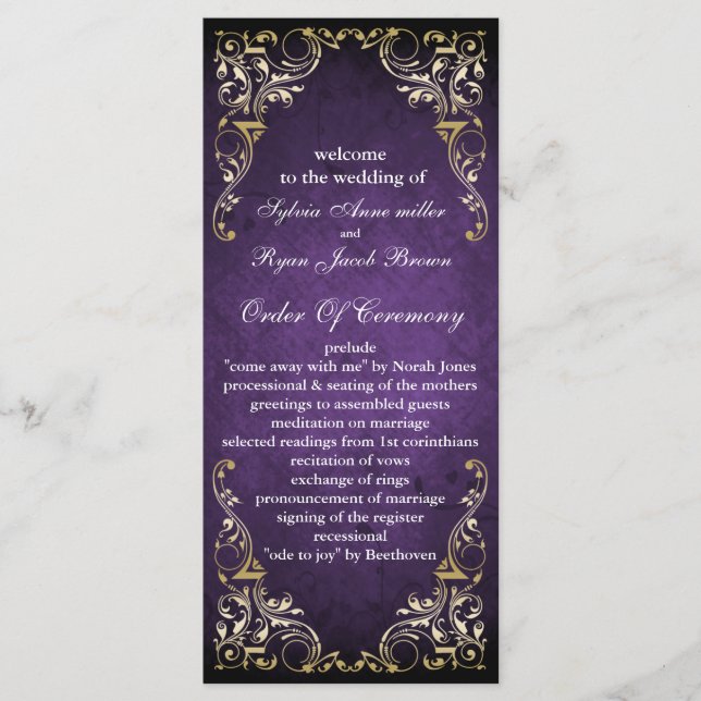 Rustic Regal Ornamental Purple And Gold Wedding Programme (Front)