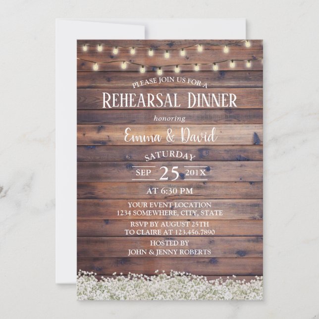 Rustic Rehearsal Dinner Baby's Breath String Light Invitation (Front)