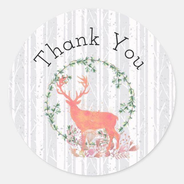 Rustic Reindeer Boho Watercolor Thank You Classic Round Sticker (Front)