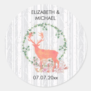 Rustic Reindeer Boho Watercolor Wedding Classic Round Sticker