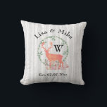 Rustic Reindeer Boho Watercolor Wedding Monogram Cushion<br><div class="desc">A newlywed couple pillow with a digital watercolor design. A pastel orange reindeer silhouette inside a wreath of herbal leaves. Mushrooms and forest ferns at his feet.
A grey and white birch tree pattern in the background.  Personalise with your names,  wedding date and Monogram Initial for your last name.</div>