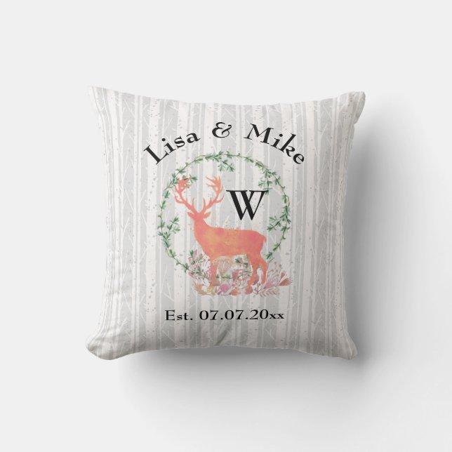 Rustic Reindeer Boho Watercolor Wedding Monogram Cushion (Front)