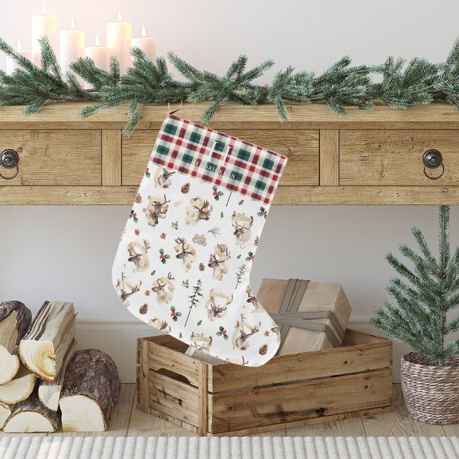 Rustic Reindeer Farmhouse Family Name Monogram Large Christmas Stocking (Creator Uploaded)
