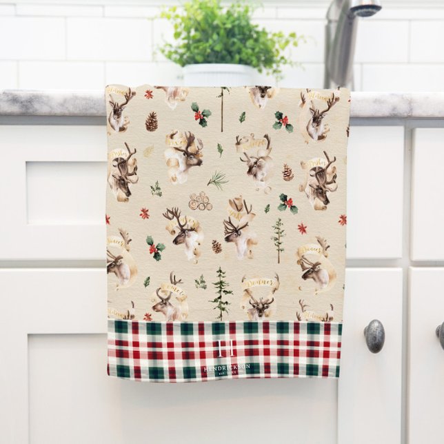 Rustic Reindeer Farmhouse Family Name Monogram Tea Towel (Creator Uploaded)