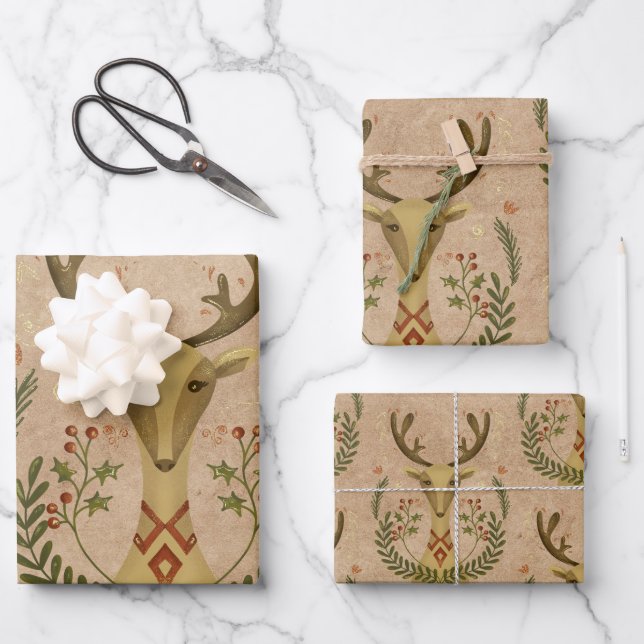 Rustic Reindeer Folk Art Vintage Wrapping Paper Sheet (Front)