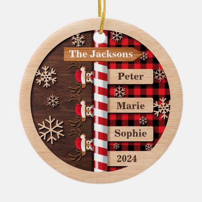 Rustic Reindeer Plaid Family Christmas  Ceramic Tree Decoration (Front)