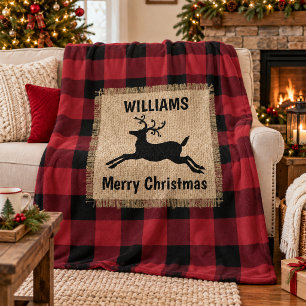 Rustic Reindeer Red Buffalo Plaid Christmas Fleece Blanket