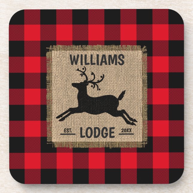 Rustic Reindeer Red Buffalo Plaid Family Name Coaster (Front)