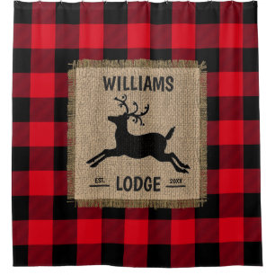 Rustic Reindeer Red Buffalo Plaid Family Name  Shower Curtain