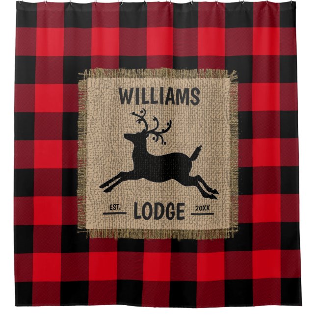 Rustic Reindeer Red Buffalo Plaid Family Name  Shower Curtain (Front)