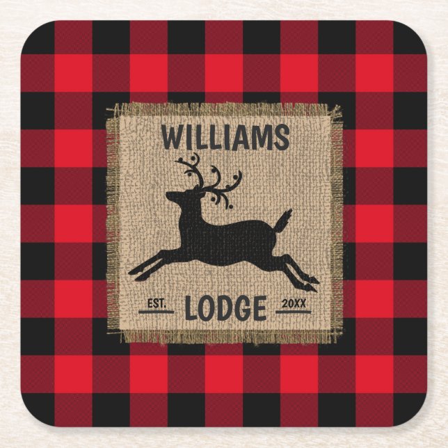 Rustic Reindeer Red Buffalo Plaid Family Name Square Paper Coaster (Front)