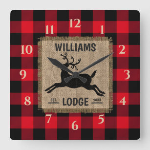 Rustic Reindeer Red Buffalo Plaid Family Name Square Wall Clock