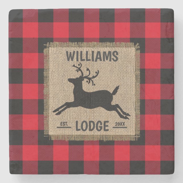 Rustic Reindeer Red Buffalo Plaid Family Name Stone Coaster (Front)