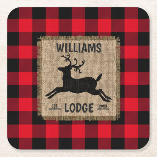 Rustic Reindeer Red Buffalo Plaid Family Name  Tri Square Paper Coaster