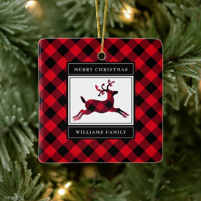 Rustic Reindeer Red Buffalo Plaid Merry Christmas Ceramic Ornament (Tree)