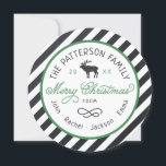 Rustic Reindeer Round Christmas Photo Card<br><div class="desc">Affordable custom printed holiday photo cards with simple templates for customisation. This fun design features a circle die-cut shape with striped background, a reindeer graphic and modern rustic typography in green, white and charcoal grey colours. The text reads "Merry Christmas" in a trendy script font. Personalise it with your family...</div>