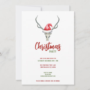 Rustic Reindeer Skull Santa Hat Christmas Party Holiday Card