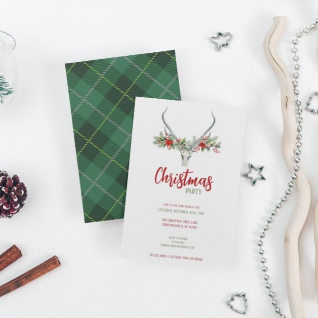 Rustic Reindeer Skull with Plaid Christmas Party Holiday Card (Creator Uploaded)