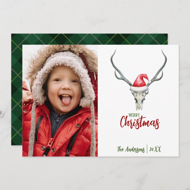 Rustic Reindeer Skull with Plaid Christmas Photo Holiday Card (Front/Back)