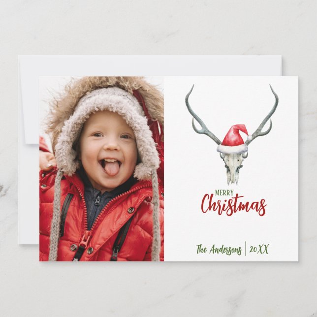 Rustic Reindeer Skull with Plaid Christmas Photo Holiday Card (Front)