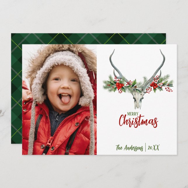 Rustic Reindeer Skull with Plaid Christmas Photo Holiday Card (Front/Back)