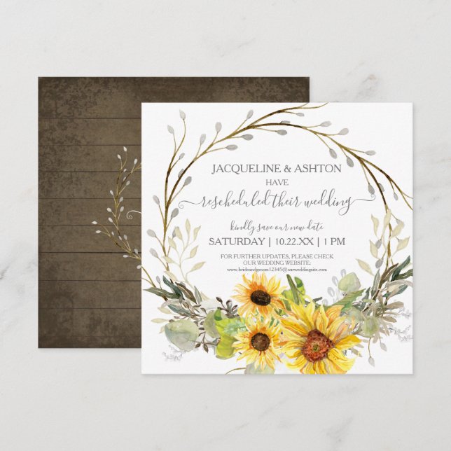 Rustic Rescheduled Wedding Script Sunflower Floral Invitation (Front/Back)