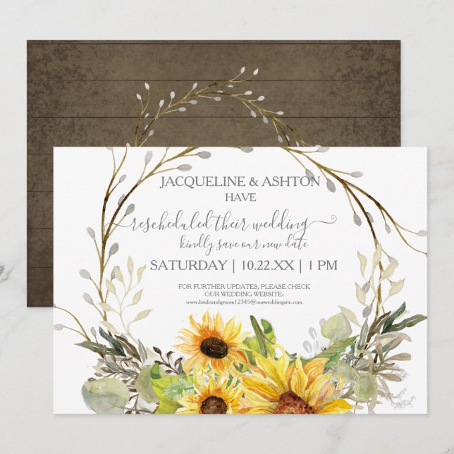 Rustic Rescheduled Wedding Script Sunflower Wooden Invitation (Front/Back)