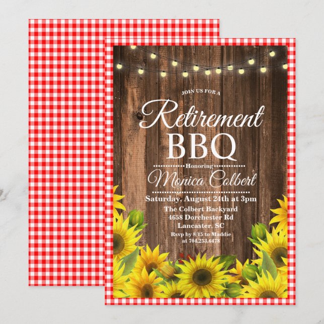 Rustic Retirement BBQ Sunflower Invitation (Front/Back)