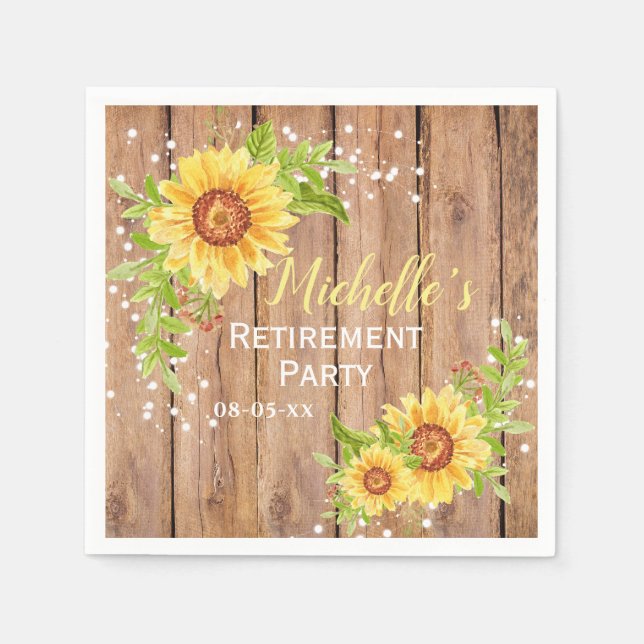 Rustic Retirement Floral Sunflower Party Napkin (Front)