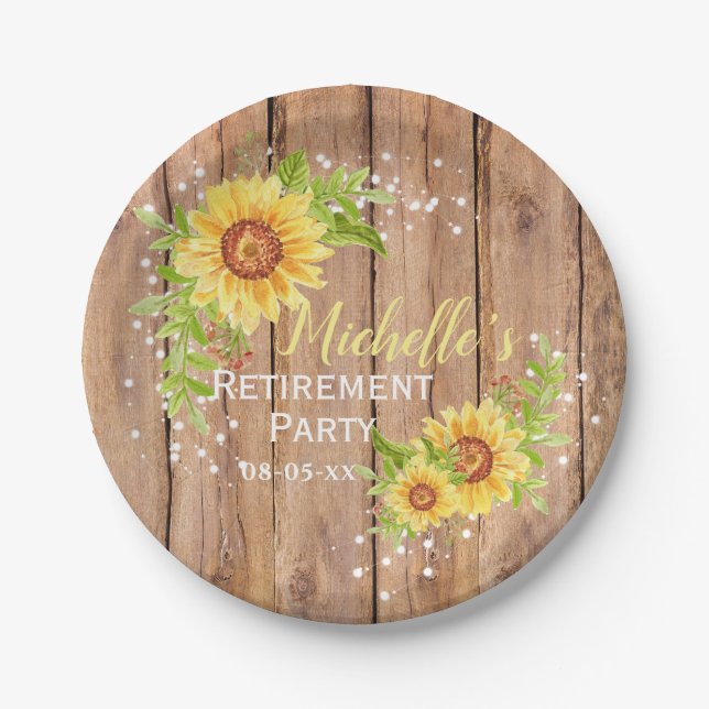 Rustic Retirement Floral Sunflower Party Paper Plate (Front)