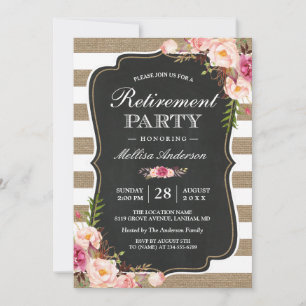 Rustic Retirement Party   Floral Burlap Stripes Invitation