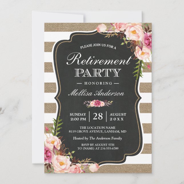 Rustic Retirement Party | Floral Burlap Stripes Invitation (Front)