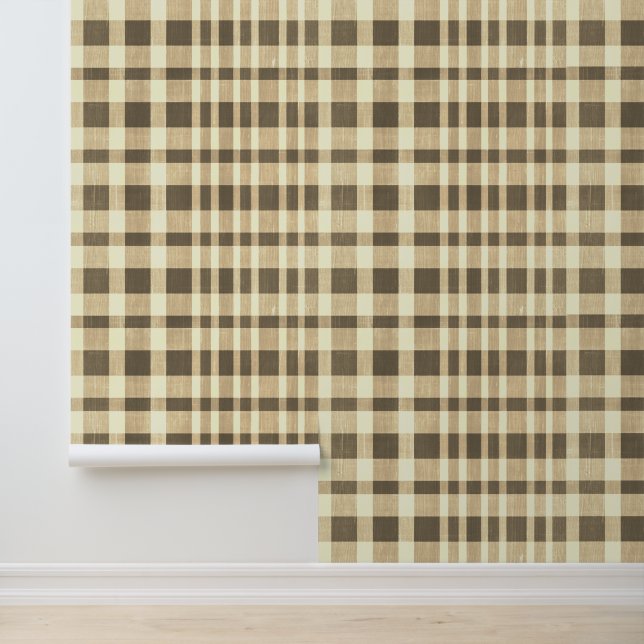 Rustic Retro Beige Brown Tan Textured Plaid  Wallpaper (Application)