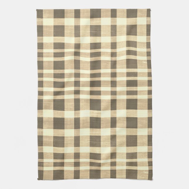 Rustic Retro Beige Brown Textured Plaid Pattern Tea Towel (Vertical)